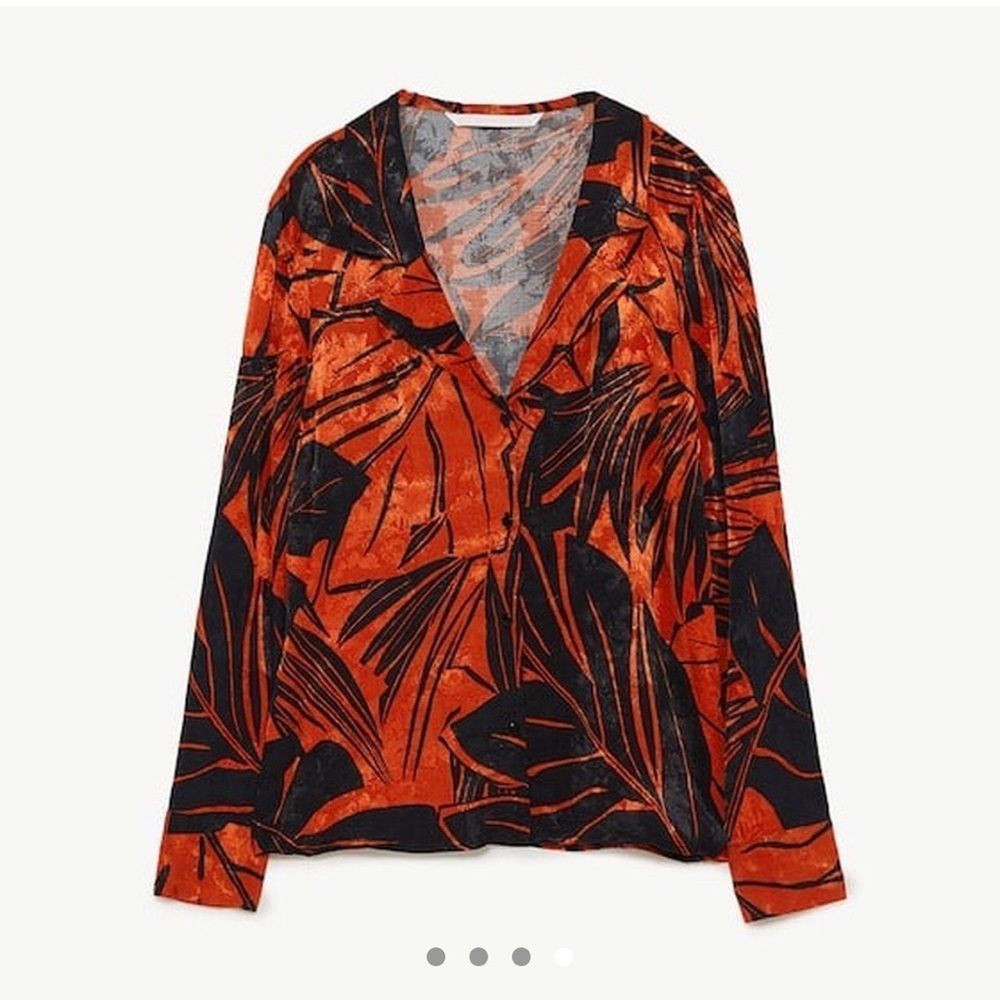𝅺💝(3/$25) Zara Tropical Print Button Up Blouse Red Black Long Sleeve